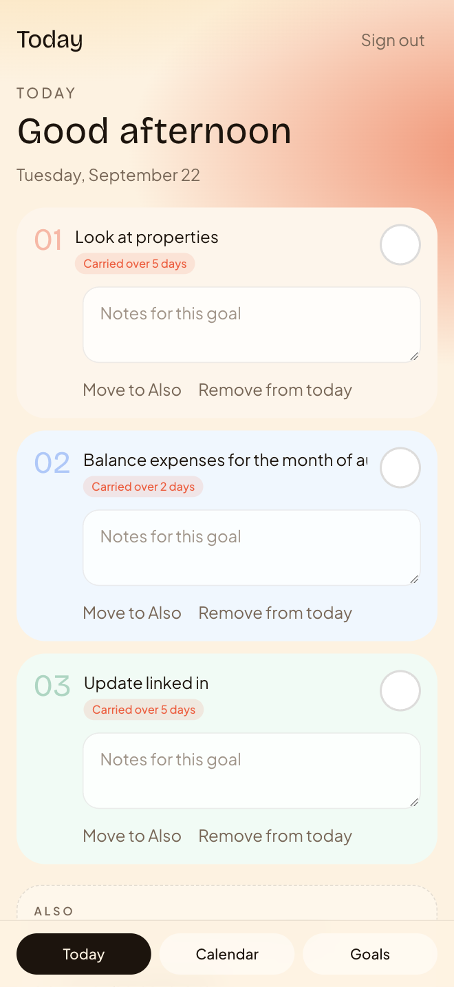 Today app with three daily goals